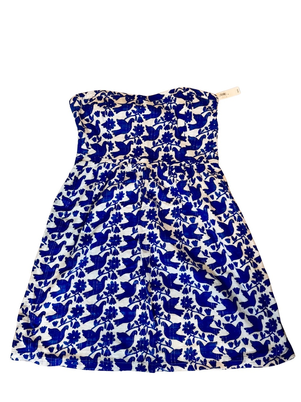 Old Navy Strapless Mini Dress 16 NWT Blue White Bird Floral Cotton Vacation
